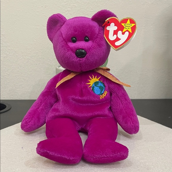Ty Other - Ty Bright Magenta Beanie Baby Bear with Gold Ribbon and Embroidered Globe